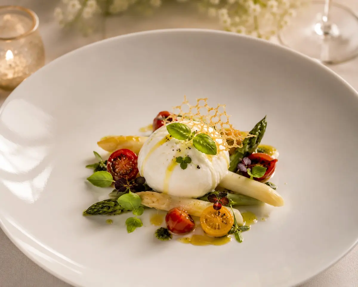 Vorspeise mit Burrata, Spargel, Tomaten und Kräutern auf einem weißen Teller